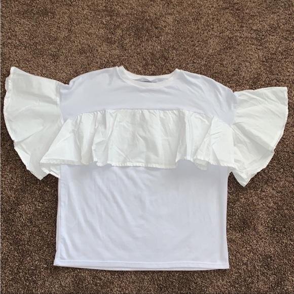 Solid Basic Casual Ruffle Layer Flutter Short Sleeves Top Size S - Picture 1 of 4